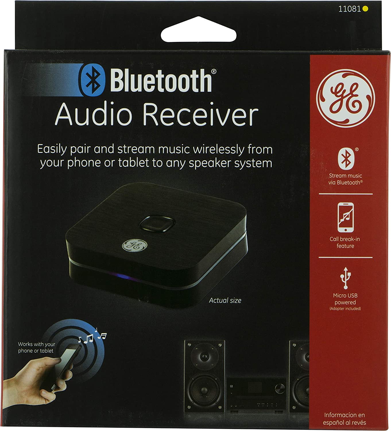 GE Home Audio Bluetooth Receiver, 30ft. Range, Wireless Audio Adapter