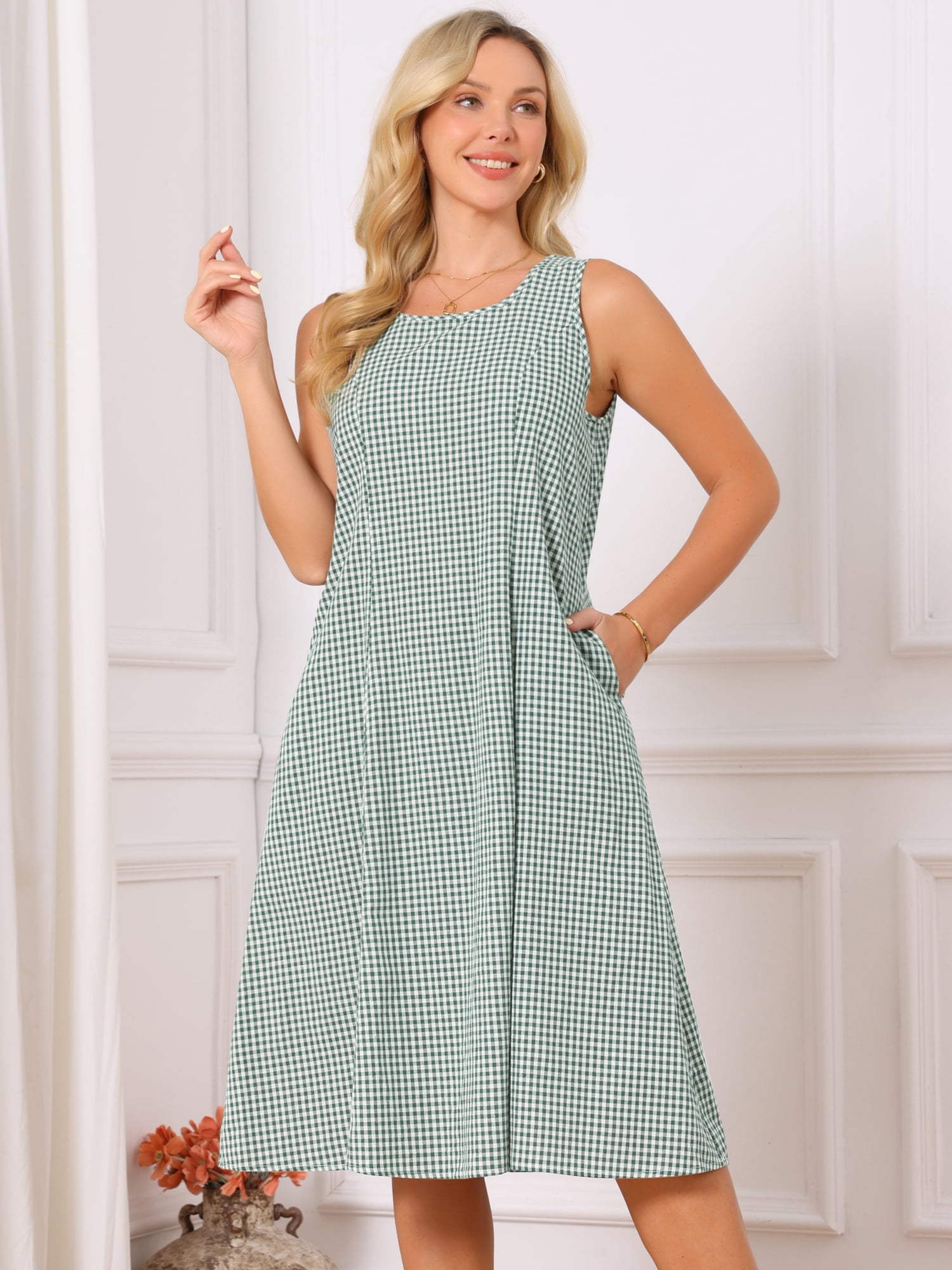 DARING DIVA Plaid Sleeveless Loose Fit Tank Midi Dress XL Dark Green
