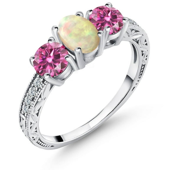 Gem Stone King 925 Sterling Silver 3-Stone Ring Oval/Cabochon White Ethiopian Opal and Vivid Pink Moissanite (1.63 Cttw, Size 8)