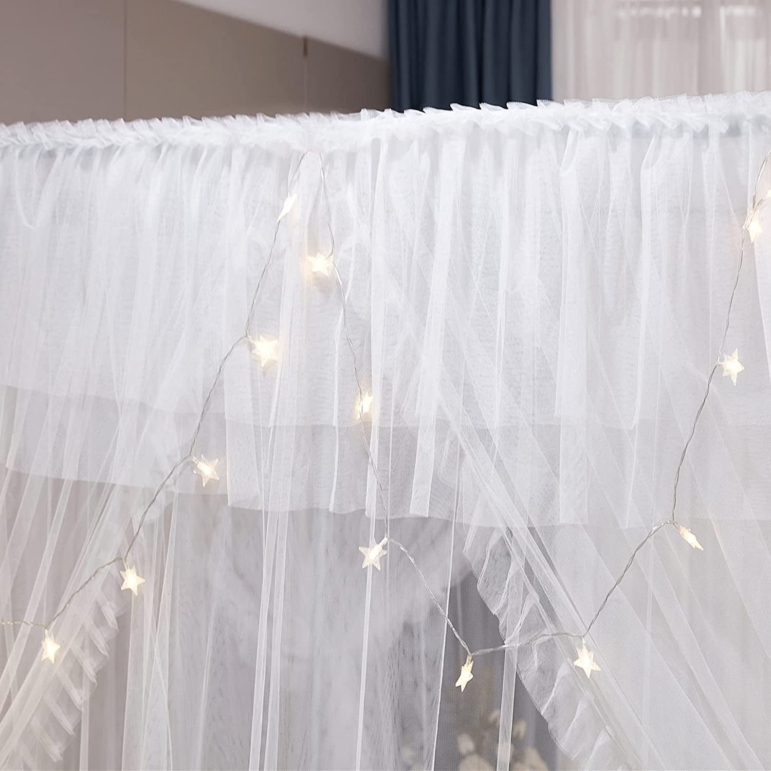 4 Corners Post Ruffle Princess Bed Canopy Curtain-Double Layer Cozy Drape Netting 4 Opening Mosquito Net for Girls Adults Bedroom Decoration (White/White, 59" W*82" L*82"*H/(Queen))