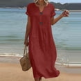 thumbnail image 6 of Dvprdro V Neck Short Sleeve Cotton Linen Dress for Women Loose A Line Summer Daily Casual Solid, 6 of 6