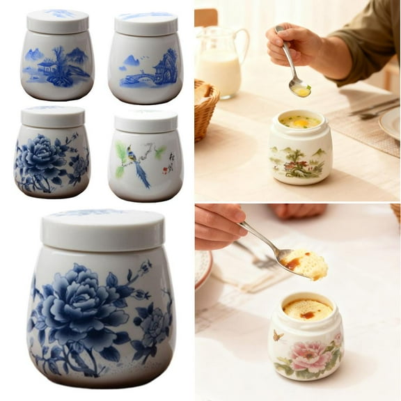 2 pcs Coddled Egg Cups with Lids, Vintage Ceramic Soft Boiled Egg Cooker, 7.5oz Porcelain EggCoddler with Lid, Double Soft Boiled EggMaker Sets, Steamed EggDish for Breakfast