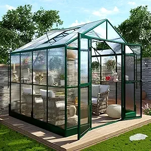 Jocisland 8x8x7.5 ft Aluminum Greenhouses for Outdoors,Polycarbonate Greenhouse with 2 Vents Lockable Swing Door Rain Gutter,Walk-in Greenhouse For Backyard Plants, Green