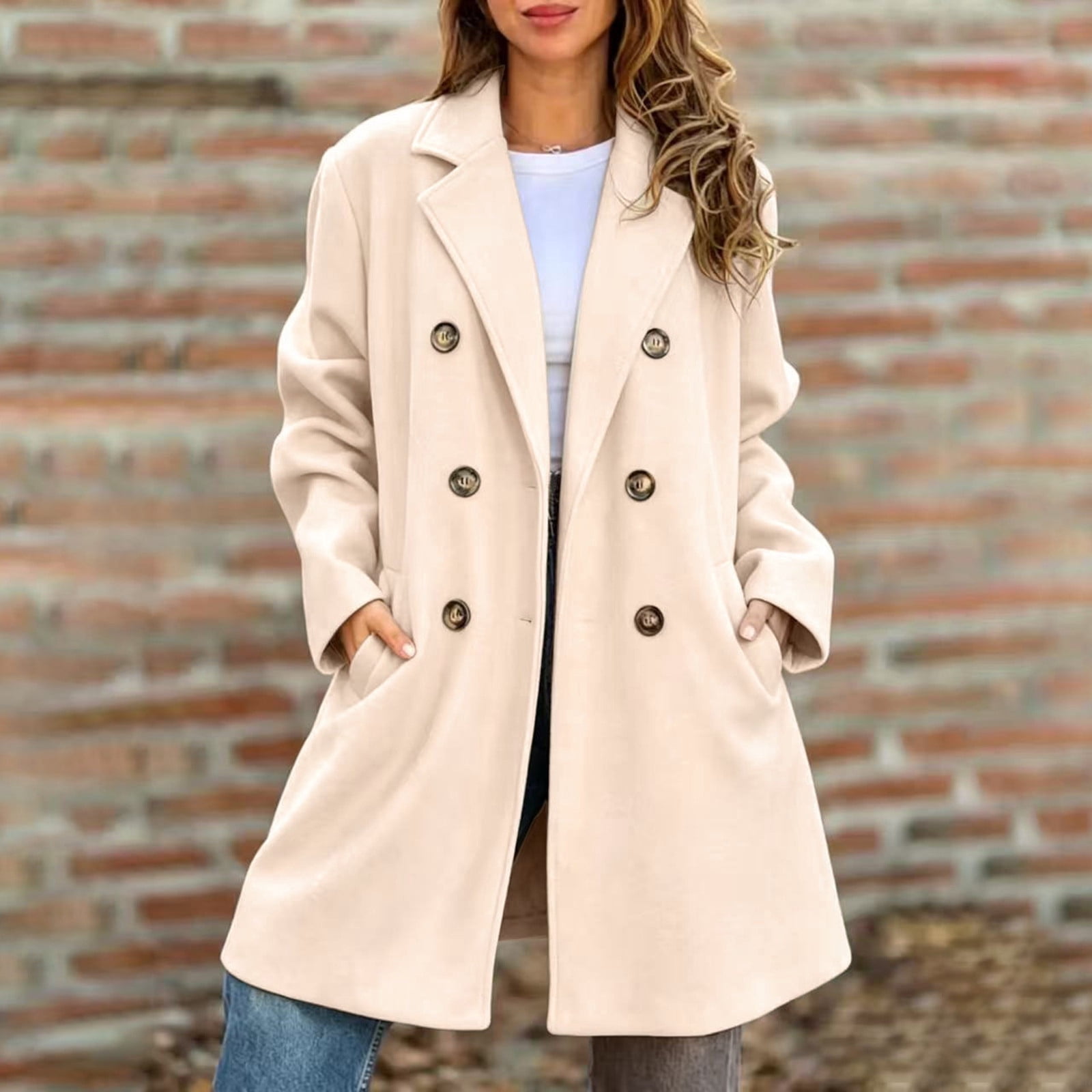 SONXAHE Double Breasted Wool Blend Coat For Women Lapel Long Sleeve Outerwear Mid Length Overcoat