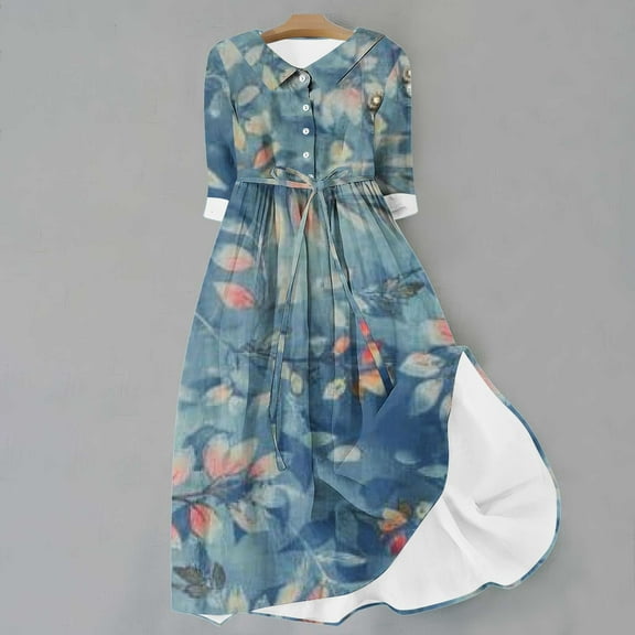 UPPADA Womens Plus Size Short Sleeve Dress Loose Fit Floral Print Long Dress Waist Drawstring Flowy Dress Casual Summer A-Line Flowy Midi Dresses with Pockets Navy,S