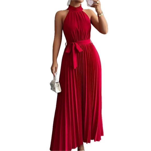 Women's Pleated Halter Neck Tie Waist Maxi Dress Belted Silhouette Made with one hundred percent Polyester Fabric