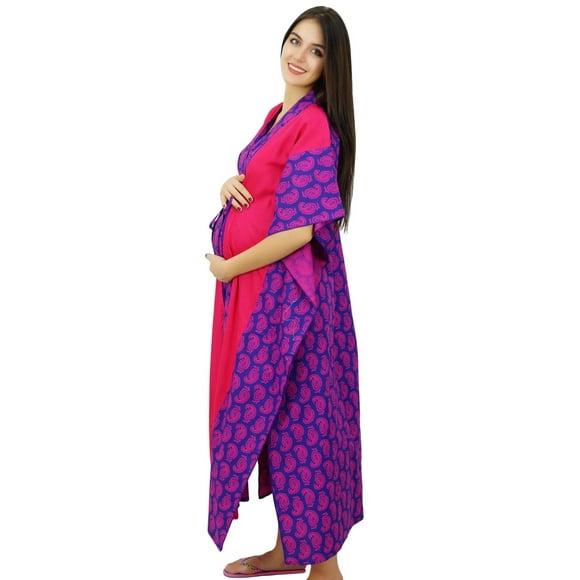 Bimba Caftan en Coton Imprimé Robe d'Allaitement Boutons avant et Latéraux Maxi Caftan