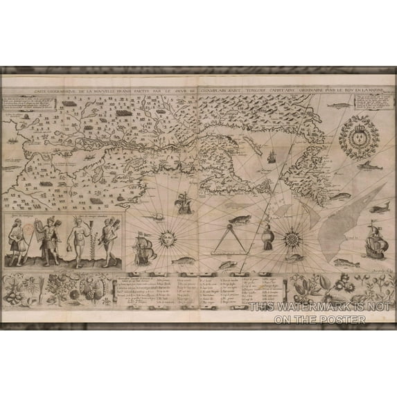 24"x36" Gallery Poster, New France Map (samuel de Champlain, 1612). A more precise map was drawn by Champlain in 1632