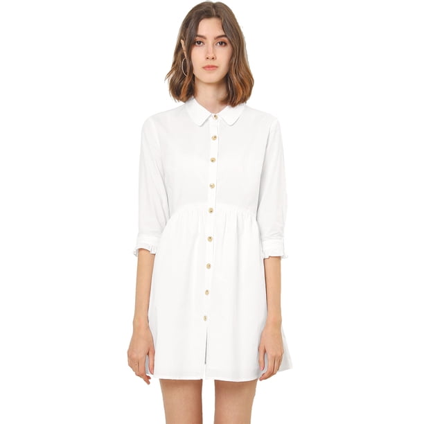 Vestido camisero informal con pliegues y manga 3/4 con botones Allegra K Blanco L