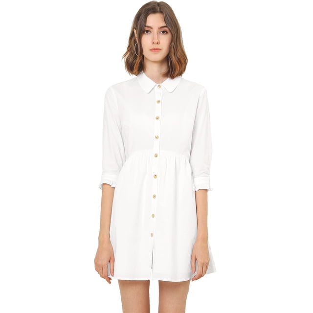 Vestido camisero informal con pliegues y manga 3/4 con botones Allegra K Blanco L