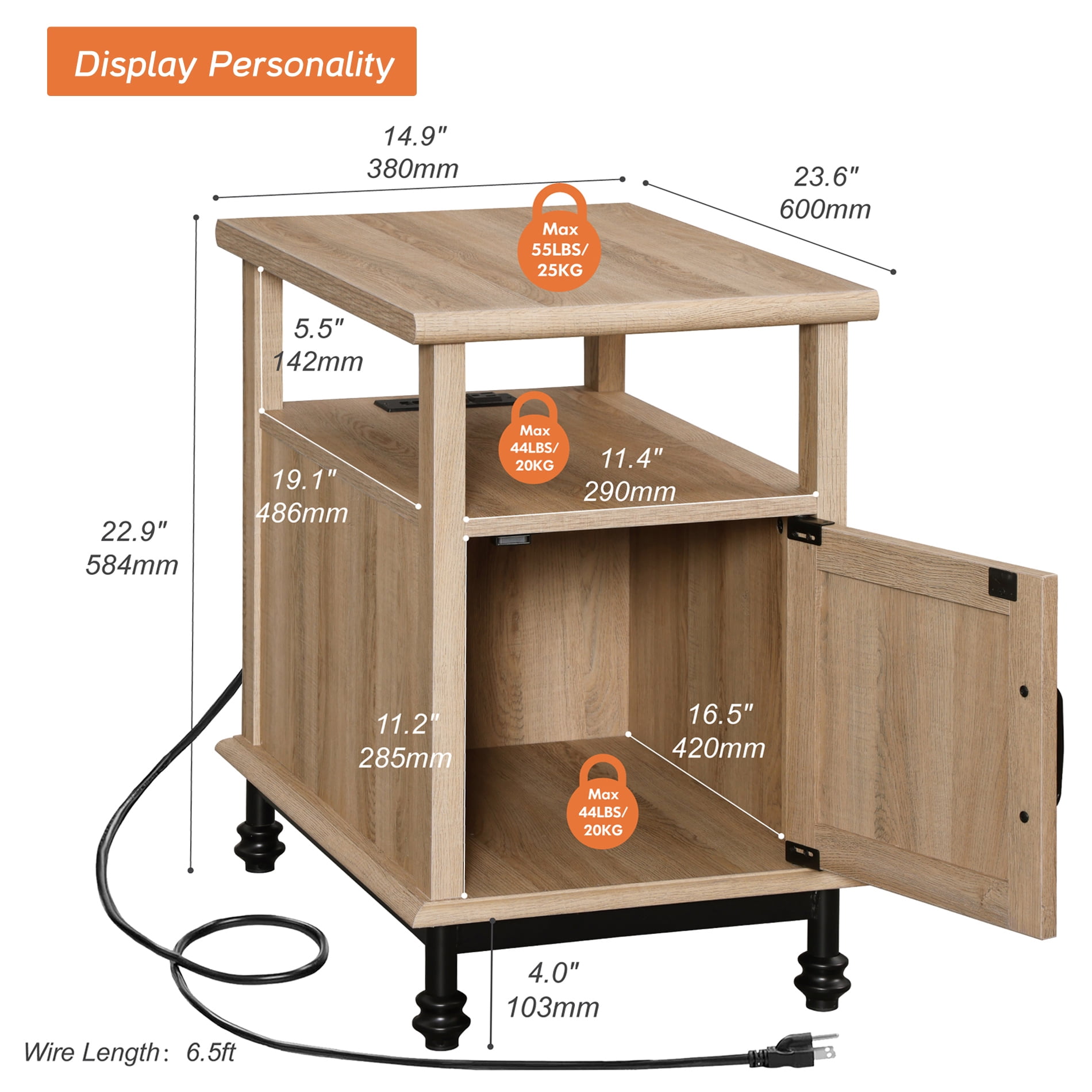Oak End Table Bedside Table with Charging Station & Cabinet for Bedroom, Side Table for Living Room, 23.6 inches