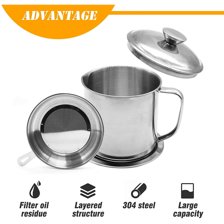 Granrosi Bacon Grease Container with Strainer, Bacon Grease Saver, Cooking Oil Container, Bacon Grease Strainer, Cooking Oil Filter Pot Stainless