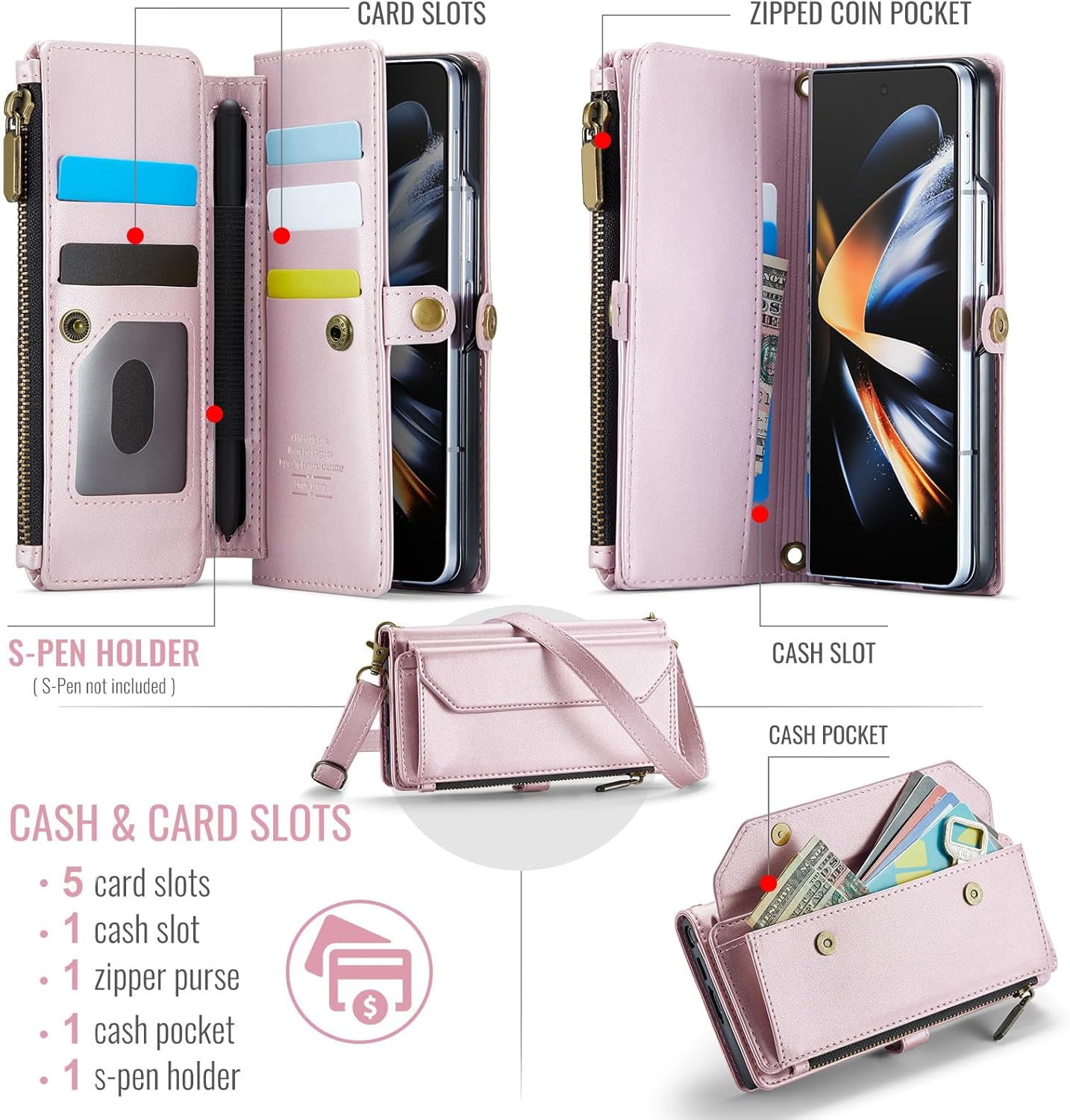 Phone Case for Samsung Galaxy Z Fold 4 5G 2022 Zipper Wallet Cover with S Pen and Flip RFID Blocking Credit Card Holder Stand Cell Accessories ZFold4 Z4 Fold4 4Z ZFold45G Women Girls Rose Gold