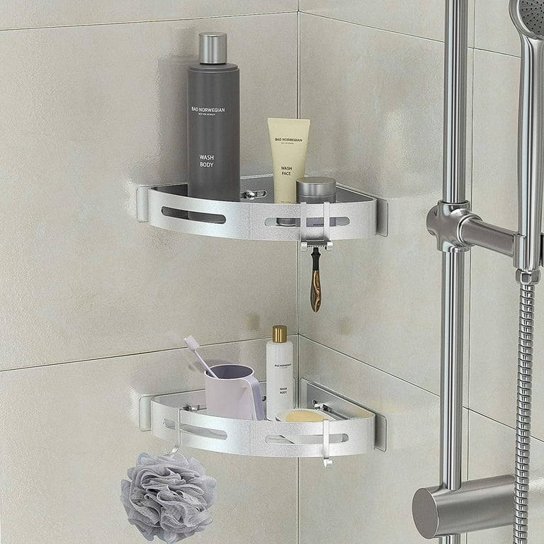 ORAKNIE 2 Pack Corner Shower Caddy, Hand-Made Woven Shower Organizer Shower Caddy with Soap Holder and 4 Removable Metal Hooks, Shower Corner Shelves for