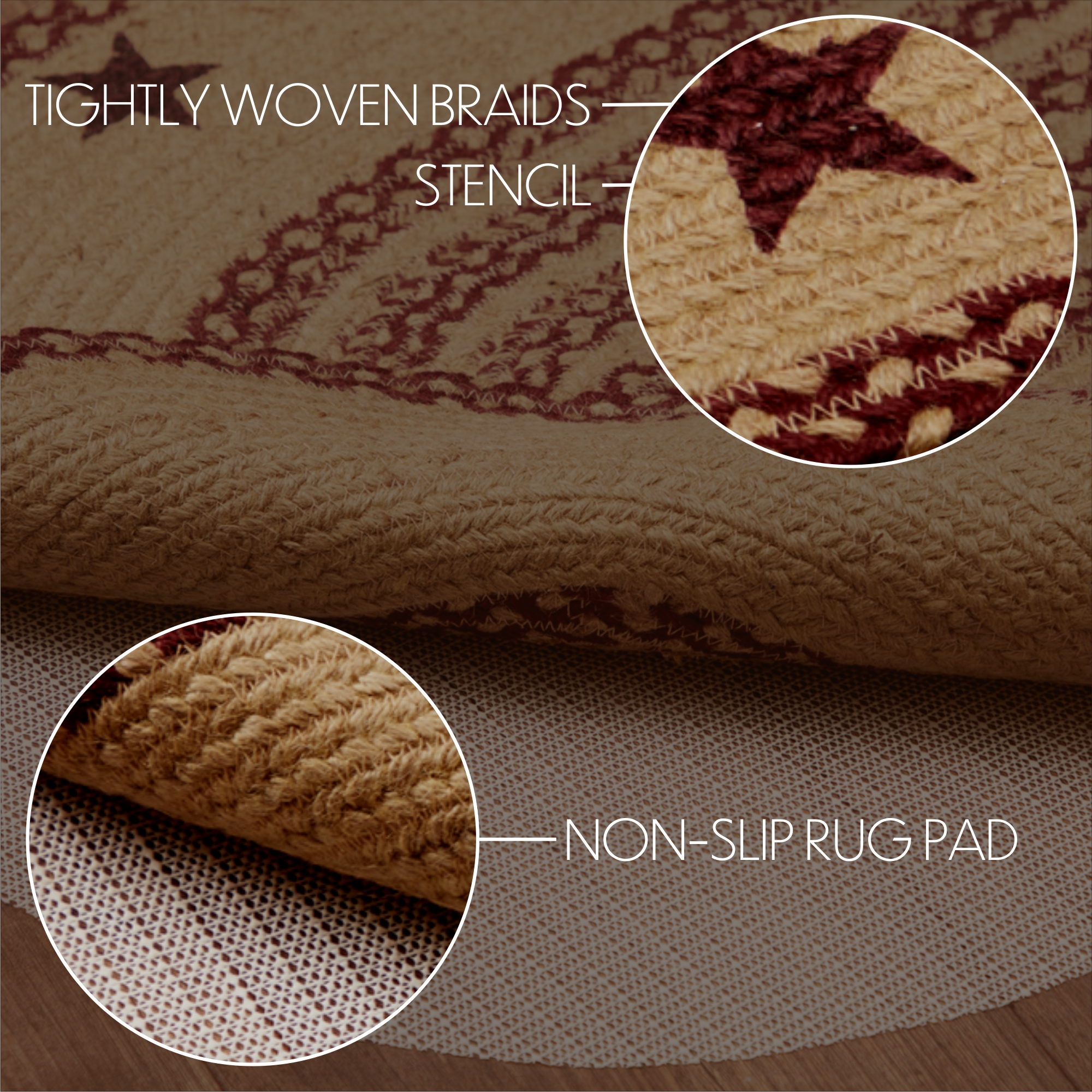 VHC Brands Burgundy Tan Jute Rug Oval Stencil Stars w/Pad 24x36