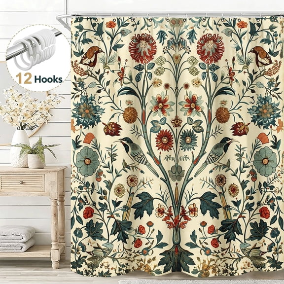 Vintage Watercolor Flower Fabric Exquisite Whimsical Bird Floral Shower Curtain, Elegant Botanical Shower Curtain Set, Waterproof Cloth Fabric with Hooks Decorative Bath Shower Curtain, 36*72in