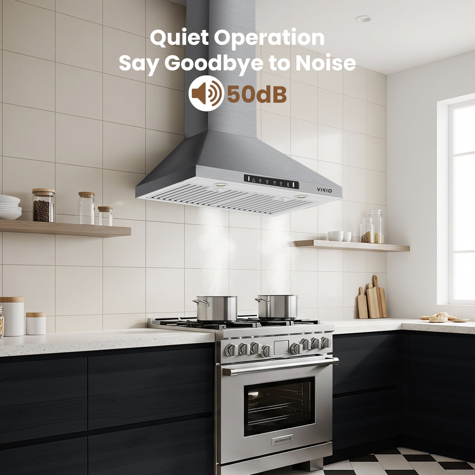 VIKIO 30 inch Wall Mount Range Hood 900CFM Convertible Ducted to Ductless Exhaust Fan , Carbon Filter, Touch Panel, Stainless Steel