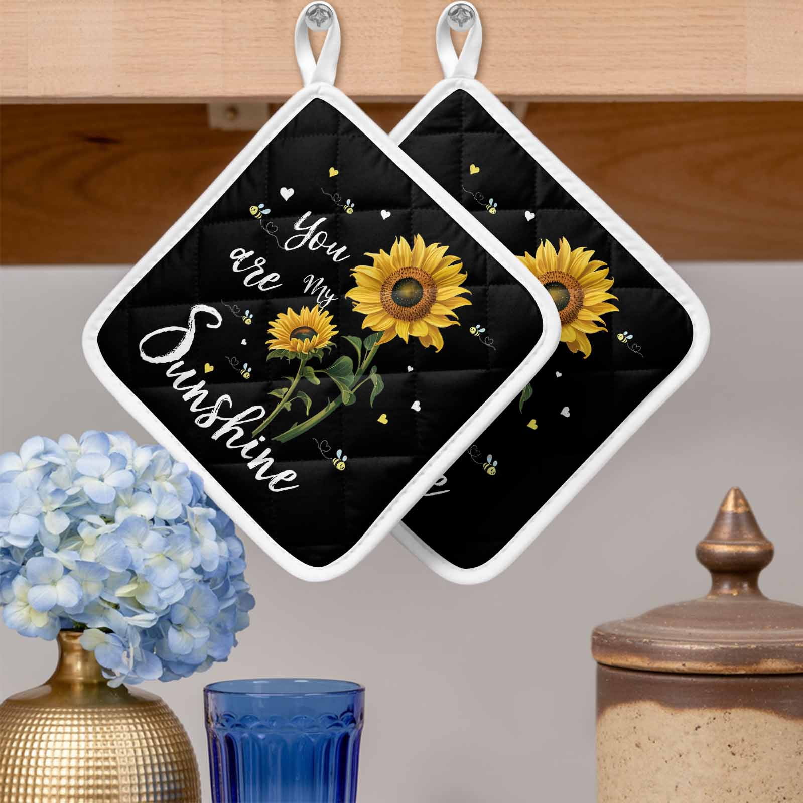 Yellow Sunflower Pot Holders for Kitchen Heatproof Potholder, 3 Pack Summer Flower Bee Sunshine Black Hot Pads Multipurpose Oven Pads Cloth Potholders Trivet for Cooking Baking