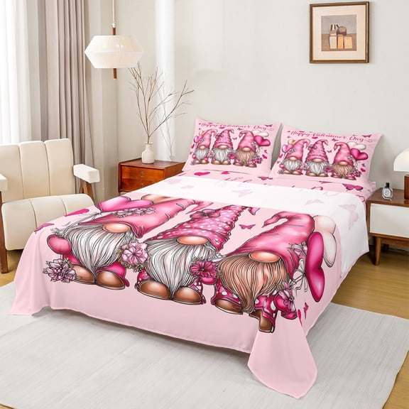 Manfei Kawaii Gnome Twin Sheet Sets,Happy Valentine'S Day Twin Fitted Sheet,Pink Loves Pattern Flat Sheet For Girls,Luxury Bedroom Decor,3pcs