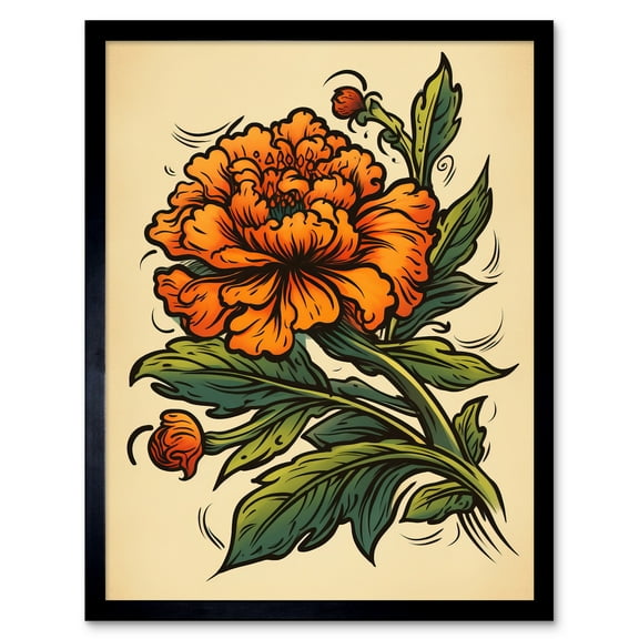 Marigold Flower Old School USA Tattoo Ink Body Art Rockabilly Americana 50s Art Print Framed Poster Wall Decor 12x16 inch