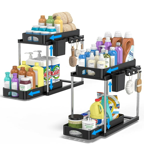GPED 2 Pack Under Sink Organizer, Adjustable Height Bathroom Cabinet Organizer,Double Sliding Undersink Cabinet Storage Shelves with Hooks & Hanging Cup for Kitchen Bathroom