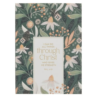 Christian Art Gifts Scripture Notebook for Women, All Things Through Christ - Inspirational Bible Verse, Green Floral, Phil. 4:13