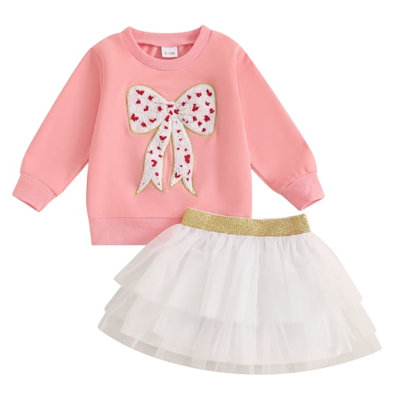 Okbabeha Toddler Baby Girls Valentine's Day Outfits Bow Embroidery Sweatshirt A Line Tutu Skirt 2Pcs Clothes