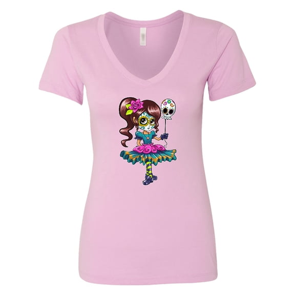 Inktastic DÃÂa De Los Muertos Girl with Skull Balloon Women's V-Neck T-Shirt