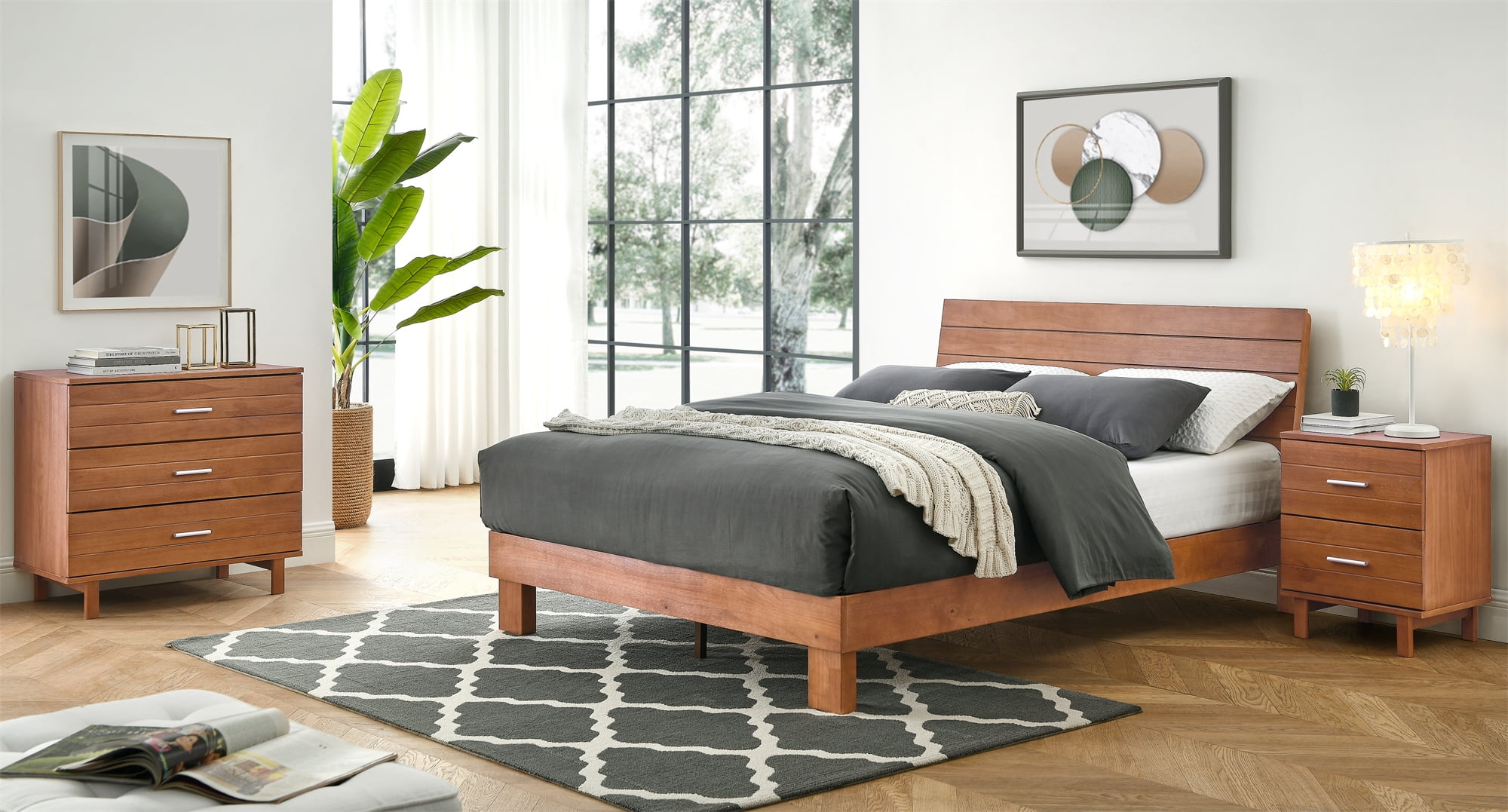 MUSEHOMEINC Low Profile Modern Wooden Platform Bed with Adjustable Height Headboard for Bedroom
