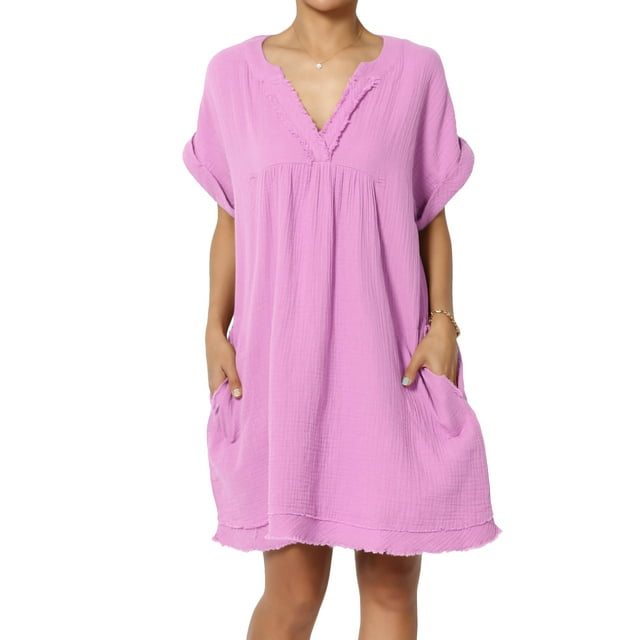 Robe Mini Babydoll en Gaze de Coton à Manches Courtes Col en V Décontractée pour Femmes