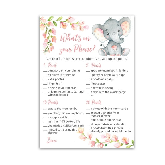 GIRL Baby Shower Game — WHAT'S ON YOUR PHONE Baby Shower Game — Pack of 25 — PINK ELEPHANT Baby Shower Game, Floral Baby Elephant Baby Shower Game, Baby Girl Shower Activity G530-PHN
