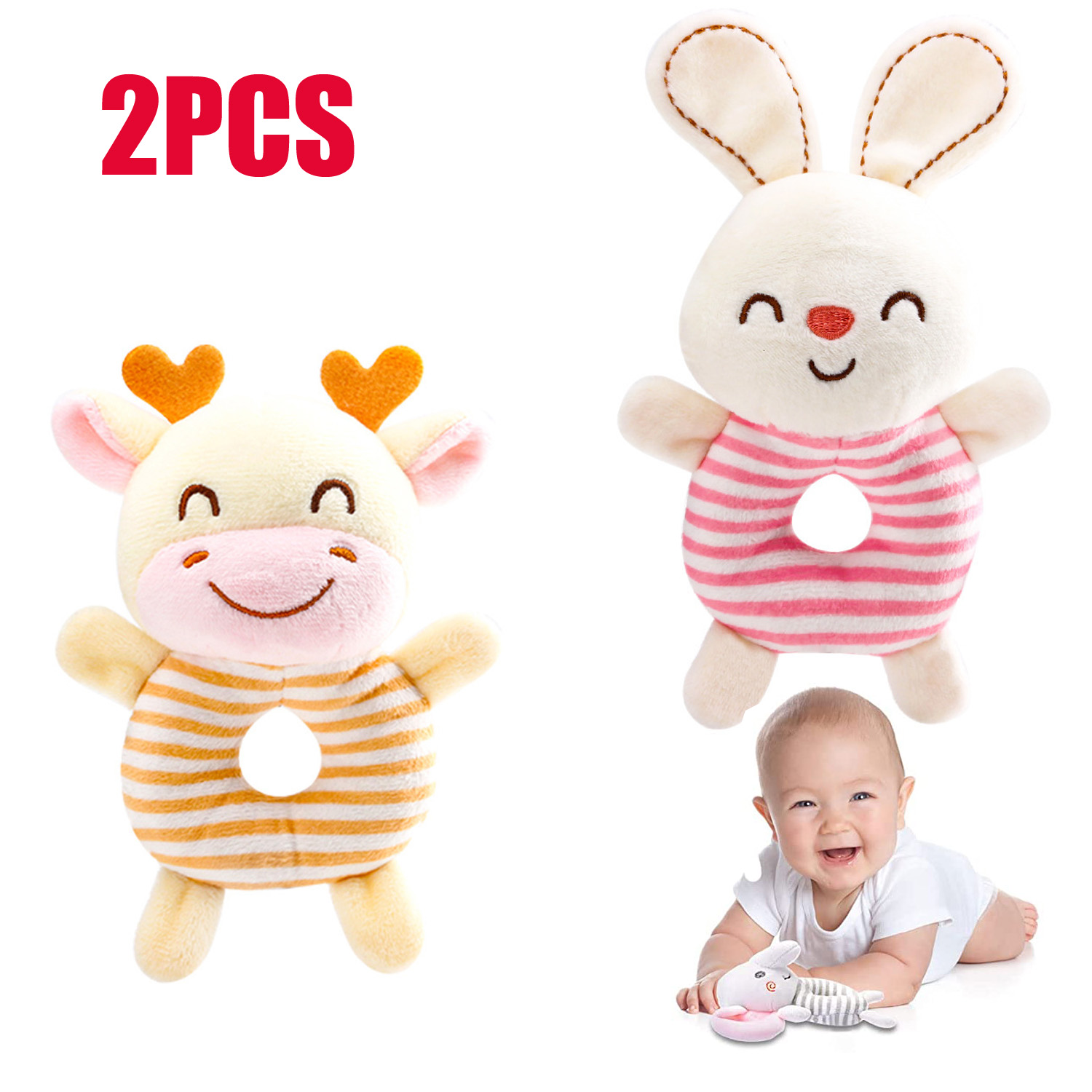 2PCS Rabbit Plush Stuffed Animal Toy Plushie & Wooden Baby Rattle Handmade Bunny Crochet for 36