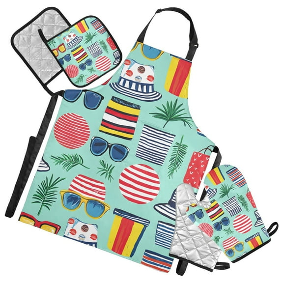 5 Pcs Kitchen Set Heat Resistant Oven Mitts and Non-Slip Pot Holders with Adjustable Cooking Apron Summer Sunglasses Hats Bags