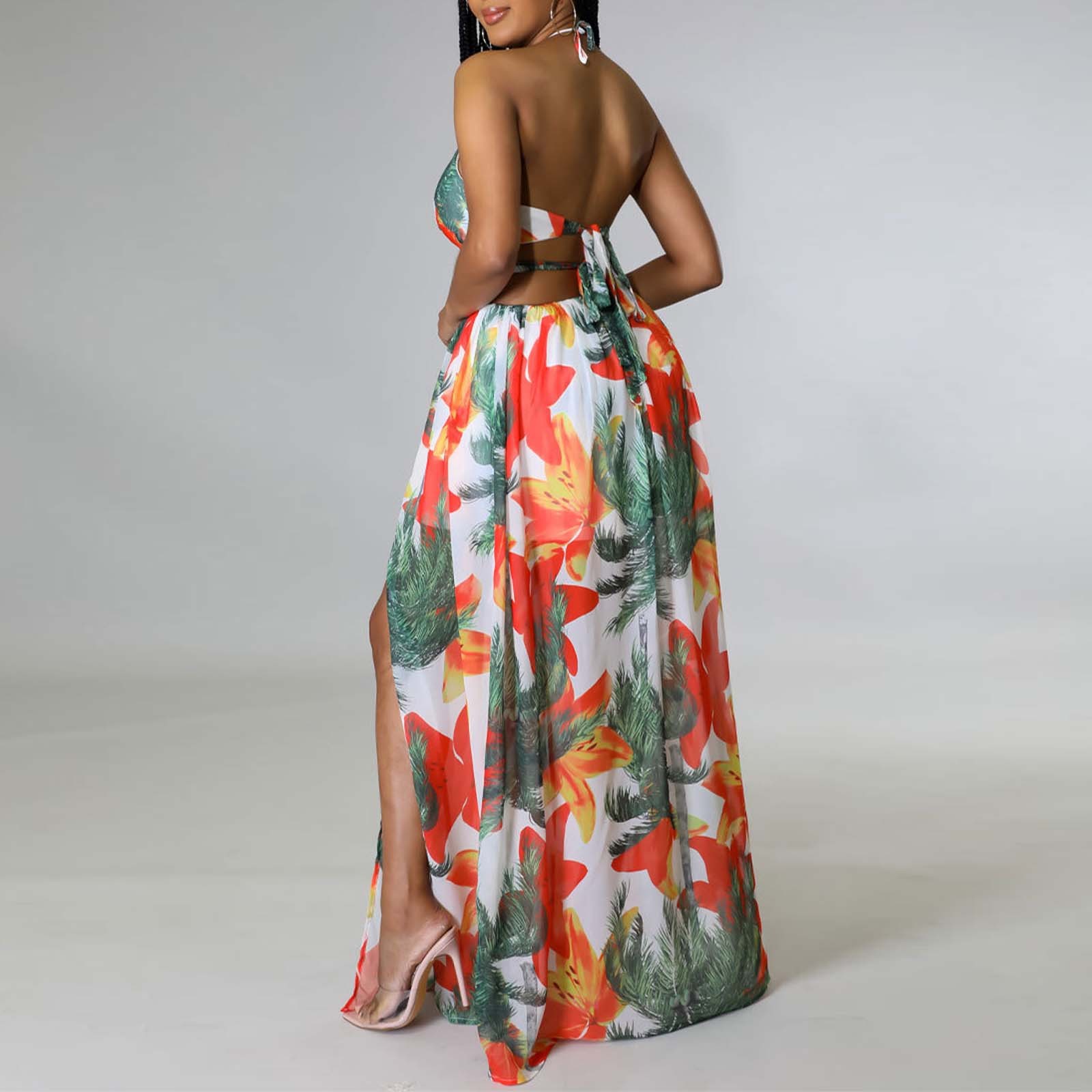 Jamsmile Womens Dress Summer Chic Halterneck Floral Print Spaghetti Strap Maxi Dresses Flowy Beach Party Slit Boho Sundress