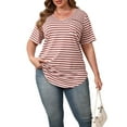 thumbnail image 6 of Gocolloa Womens Casual Scoop Collar Plus Size T Shirts Short Sleeve Loose Summer Tops Tee Wine Beige Stripe 3X, 6 of 6