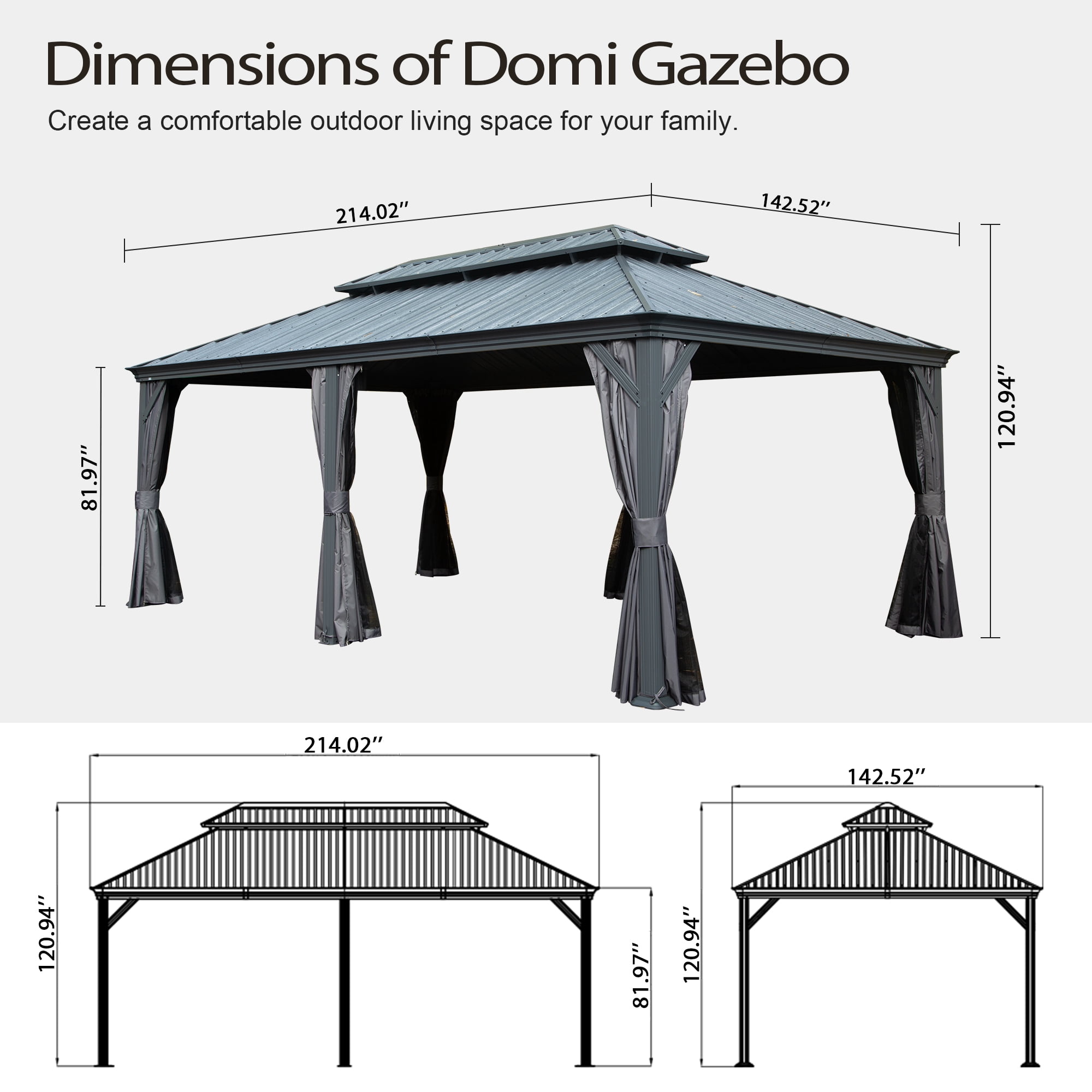 Domi 12' X 18' Permanent Gazebo Pavilion, Metal Hardtop Gazebo with Galvanized Steel Double Roof Canopy, Built-in Drainage Gutter, Curtain and Netting，Gray