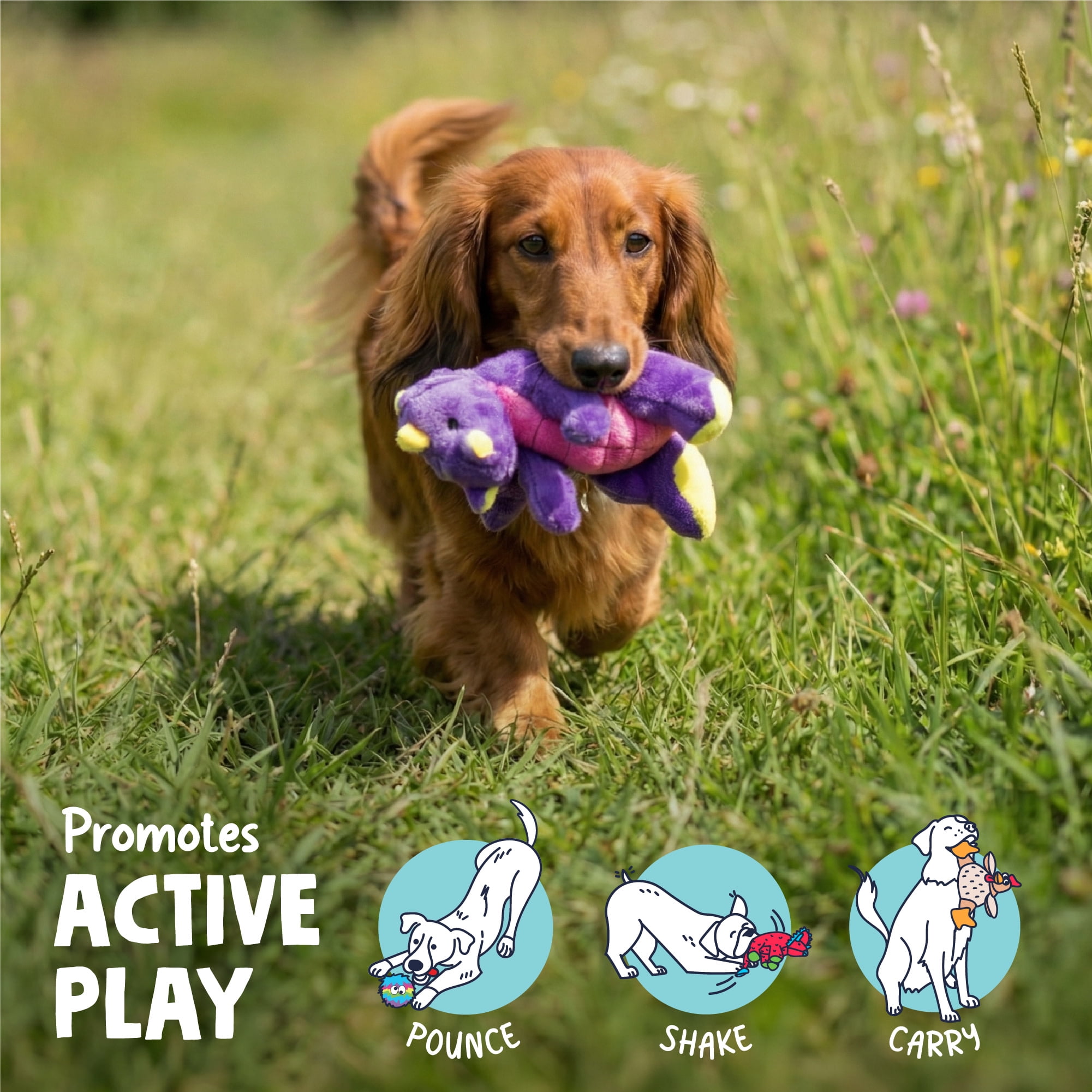 goDog Dragons Sitting Squeaky Dog Toy, Plush with Chew Guard Technology, Purple, Small