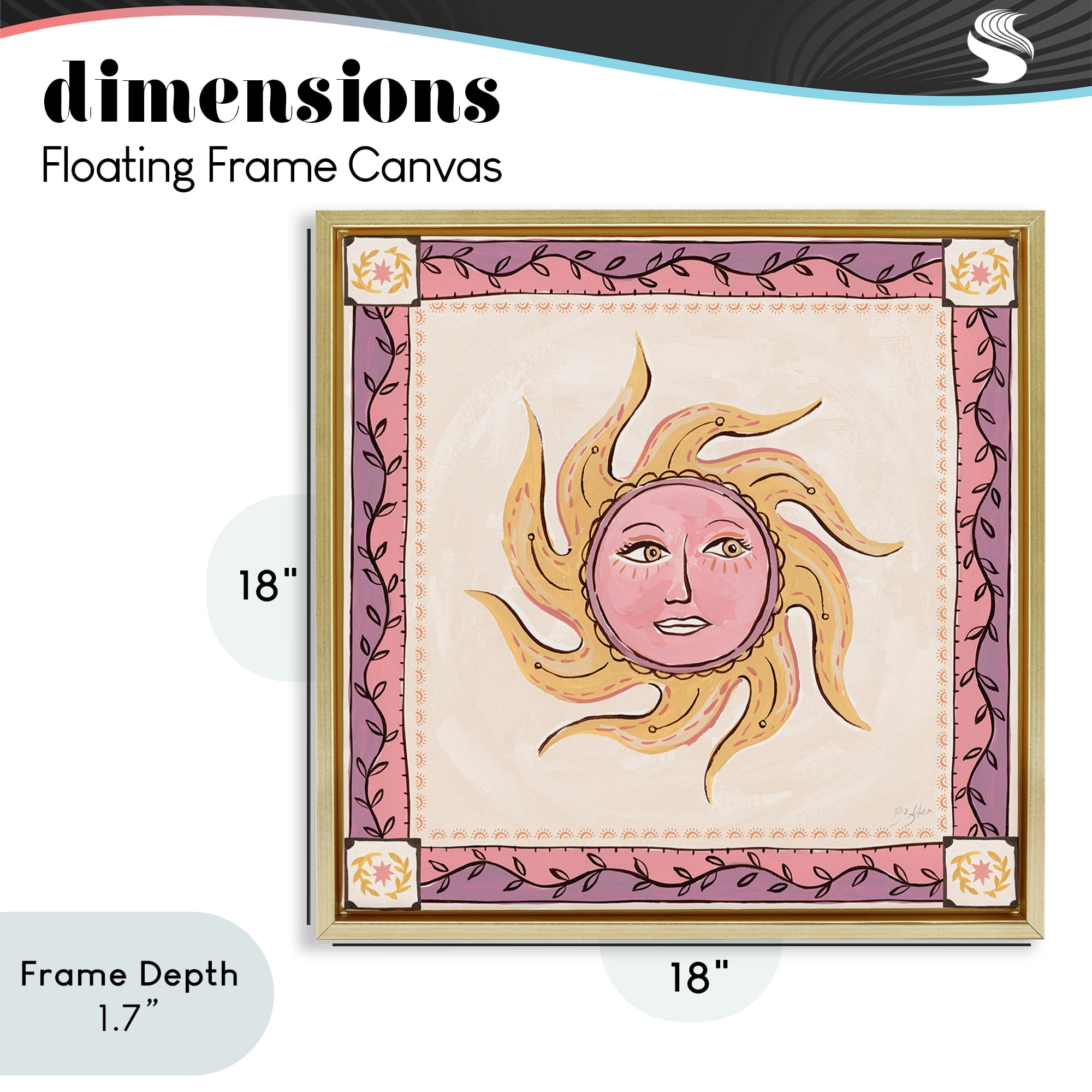 Stupell Industries Pink Sun Face with Leaf Border Gold Framed Floater Canvas Wall Art, design by Two If By Sea Studios
