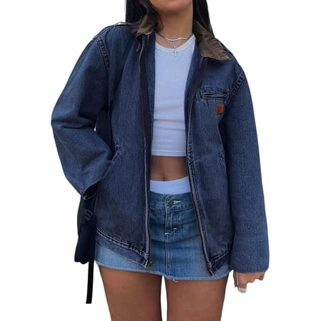 EMMIOL Women's Vintage Washed Denim Jacket Oversized Zipper Front Contrast Collar Jean Jacket with Pockets Casual Y2K Streetwear