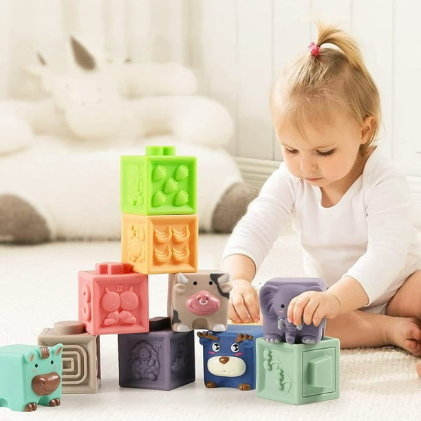 Mini Tudou 12 Bloques De Silicona Para Bebés: Juguetes Mordedores Con Números, Animales Y Formas, Apilables Y Chirriantes, Montessori De 0 A 3 Años