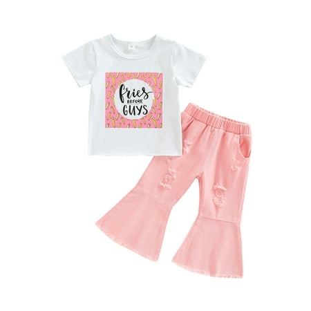 

Toddler Kid Baby Girl Short Sleeve Letter Print Tops T-Shirt Ribbed Denim Flared Pants Bell Bottoms Summer Outfits