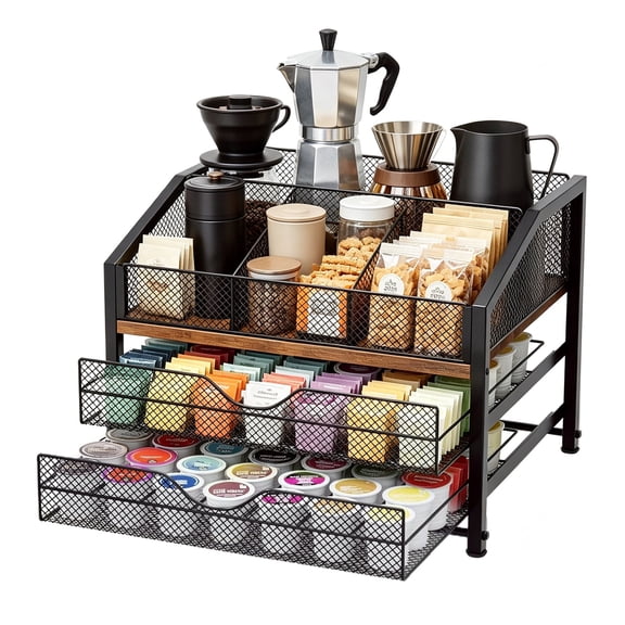 iFaveorr Coffee Station Organizer with Sliding Drawers, 2 Tier Metal Wood Coffee Pod Holder Countertop Storage Rack for Kitchen Home Office