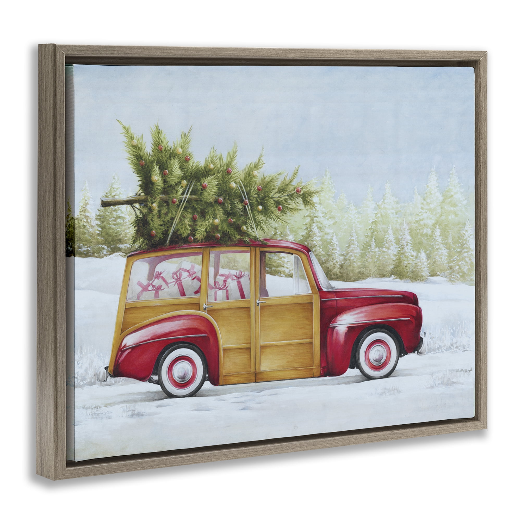 Stupell Industries Holiday Fun Filled Car Holiday Painting Brown Floater Framed Canvas Art Prints Wall Art, 31 x 25