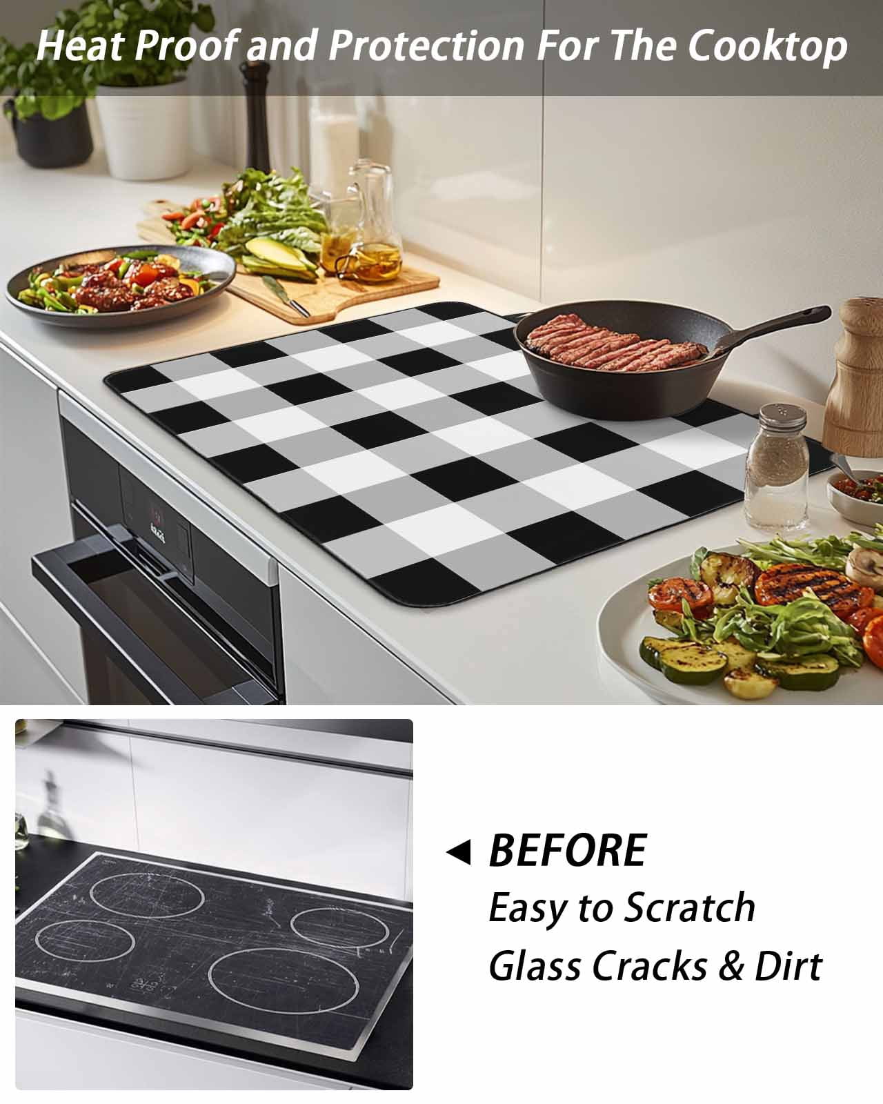 Stove Top Covers for Electric Stove, Black White Plaid Glass Stovetop Cover Protector, Spring Farmhouse Buffalo Checkered Induction Cooktop Protector Oven Mat for Kitchen Countertop 24"x21"