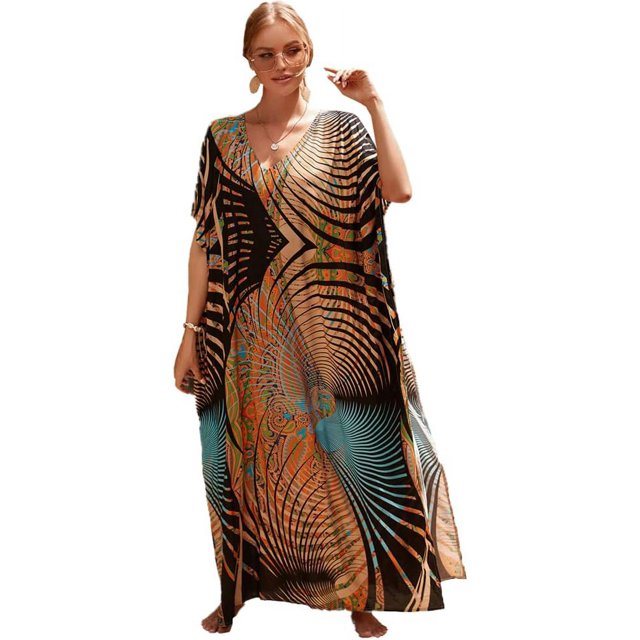 LinYooLi Robe de Plage pour Femmes, Longue Blouse Imprimée, Grande Taille, Robe de Bikini, Robe de Vacances