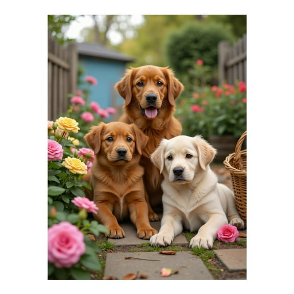 Diamond Art Kit for Adults, Golden Retriever Puppies Garden Roses Diamond Painting for Adults Beginners, 5D DIY Diamond Art Painting Kits, Colorful Diamond Painting Craft for Home Decor 12x16