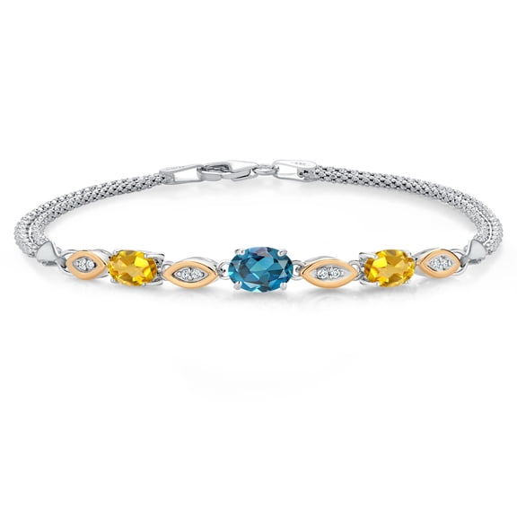 925 Silver and 10K Yellow Gold London Blue Topaz and Yellow Citrine and White Lab Grown Diamond Bracelet for Women (1.96 Cttw, Gemstone November Birthstone, Oval, Wheat Chain, 7 inches)