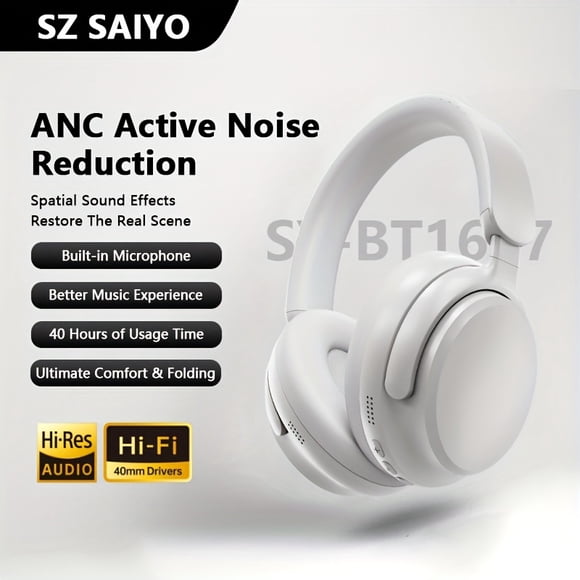 Wireless Earphones with Ear Hooks - Long-Lasting Playback, Comfortable And Foldable, Wireless Connectivity, Built-In Microphone, USB Port, Perfect for Travel, Home, And Office - Stylish White Design.