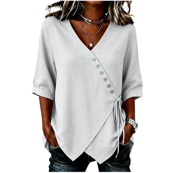 Tops for Women 3/4 Sleeve V Neck Women Fashionable Casual Solid Color Imitation Linen with Tie Blouse