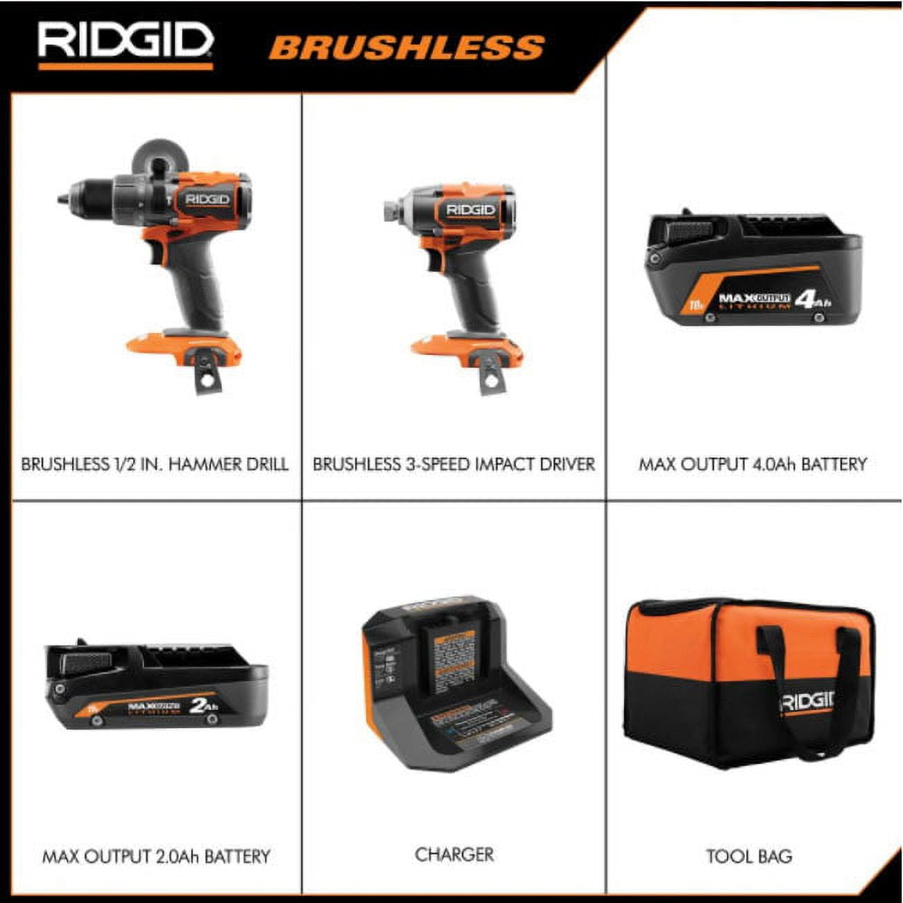 RIDGID 18V Brushless Cordless 2-Tool Combo Kit with Hammer Drill, Impact Driver, (2) Batteries, Charger, and Bag